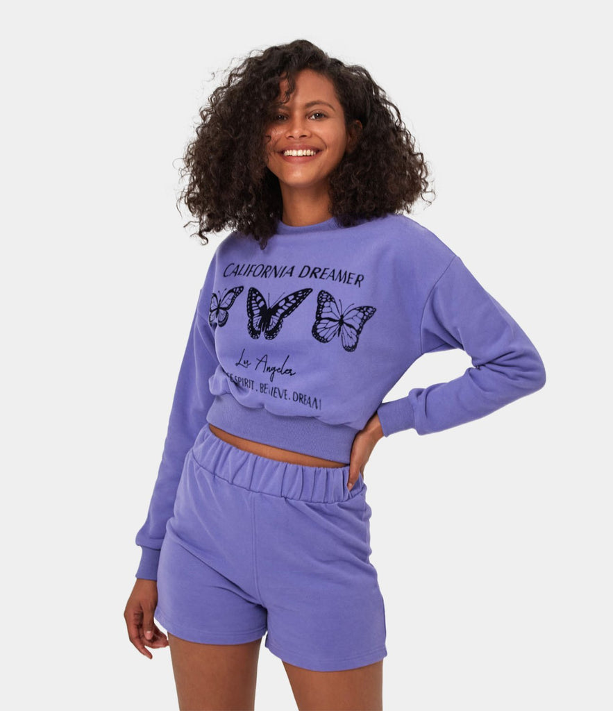 Locational Print Butterfly Sweatshirt Sweatpants Loungewear Set