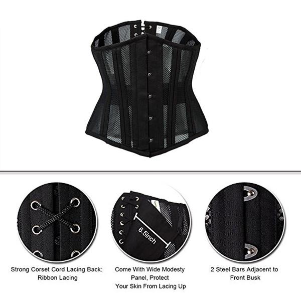 Double Steel Boned Breathable Waist Training Mesh Underbust Black Corset