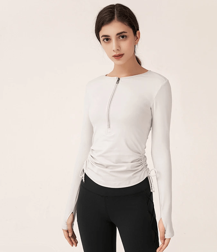 Side Shirred Zipper Fitted Long Sleeve Top