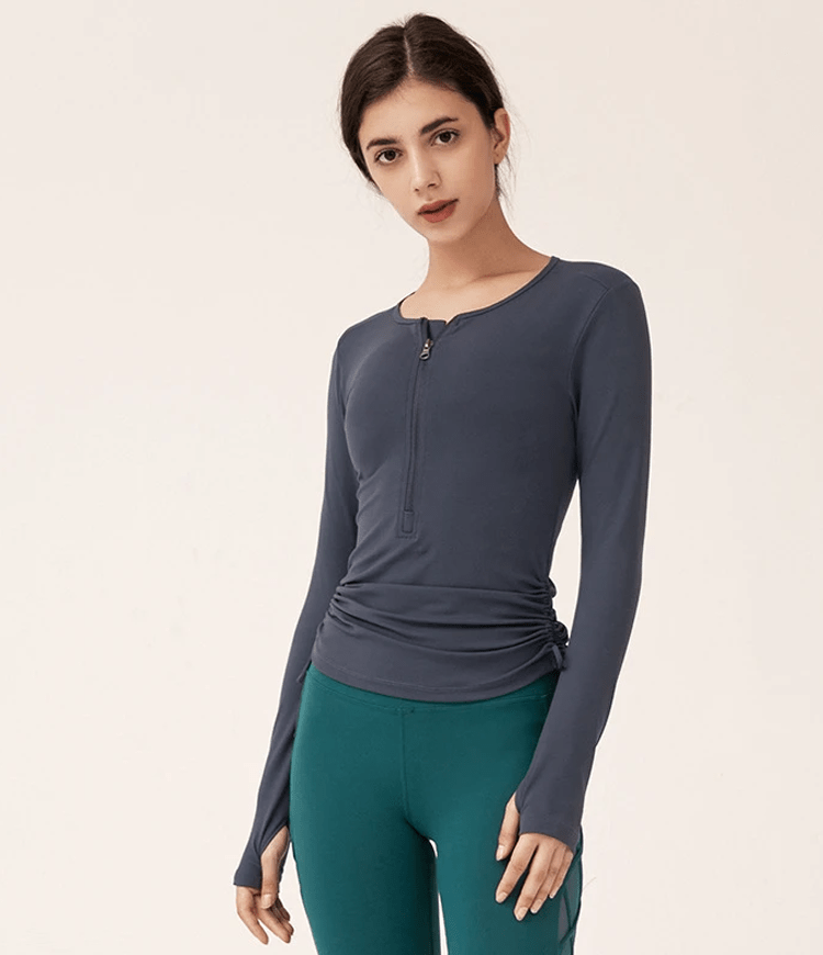 Side Shirred Zipper Fitted Long Sleeve Top